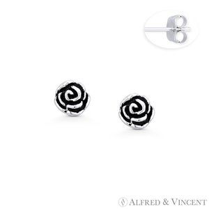 Rose Flower Charm 3D Stud Earrings in Oxidized .925 Sterling Silver
